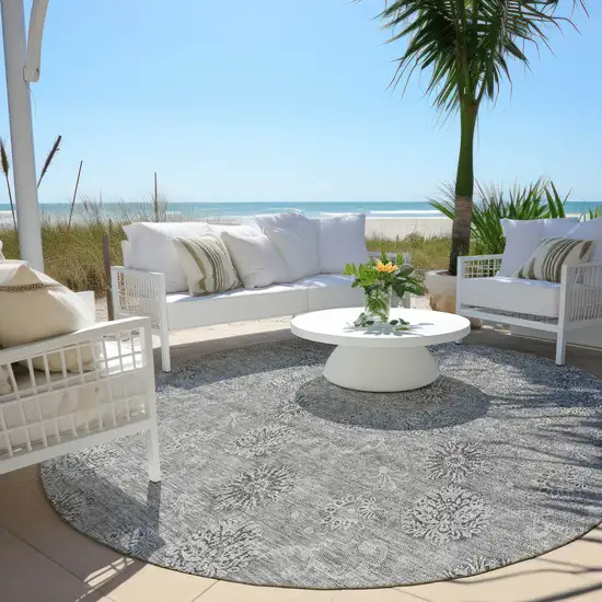 8' Pewter And Gray Round Floral Washable Indoor Outdoor Area Rug Photo 8