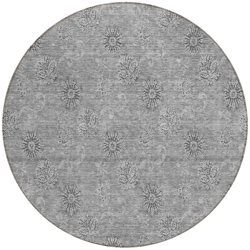 8' Pewter And Gray Round Floral Washable Indoor Outdoor Area Rug Photo 7