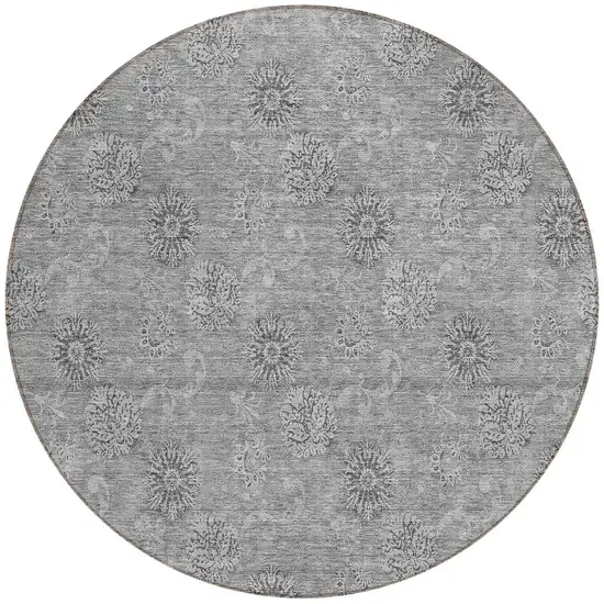 8' Pewter And Gray Round Floral Washable Indoor Outdoor Area Rug Photo 7