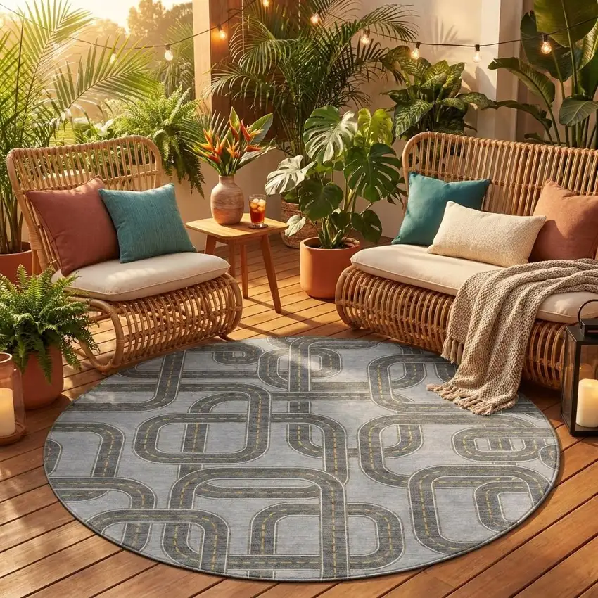 8' Pewter And Gray Round Geometric Washable Indoor Outdoor Area Rug Photo 1