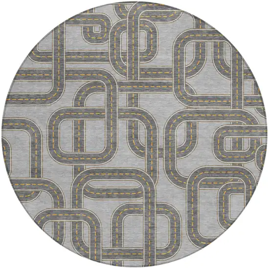 8' Pewter And Gray Round Geometric Washable Indoor Outdoor Area Rug Photo 2