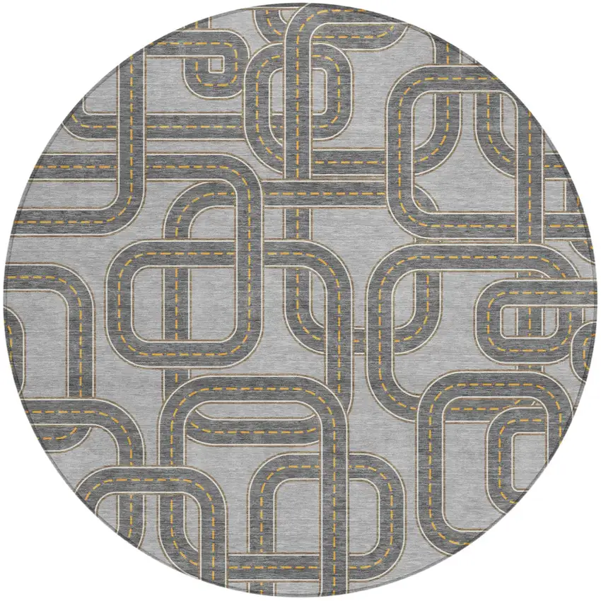 8' Pewter And Gray Round Geometric Washable Indoor Outdoor Area Rug Photo 2
