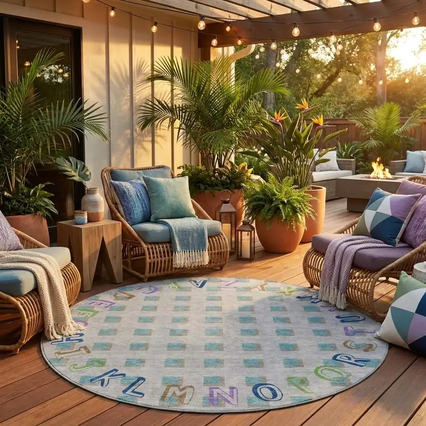 8' Pewter And Gray Round Geometric Washable Indoor Outdoor Area Rug Photo 1