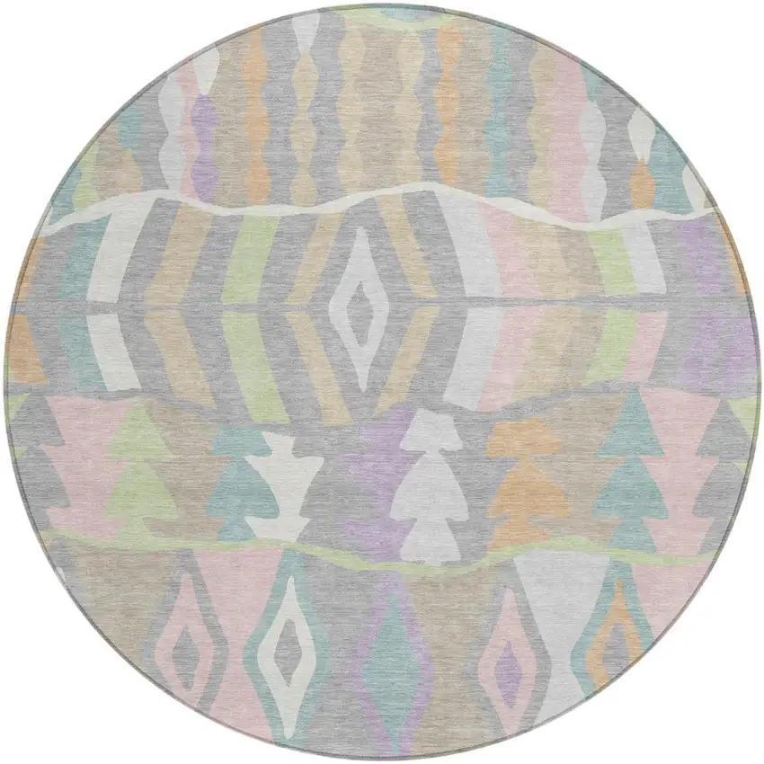 8' Pewter And Gray Round Geometric Washable Indoor Outdoor Area Rug Photo 2
