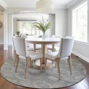 Photo of 8' Pewter And Gray Round Medallion Washable Indoor Outdoor Area Rug