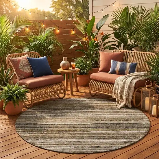 8' Pewter And Gray Round Striped Washable Indoor Outdoor Area Rug Photo 1