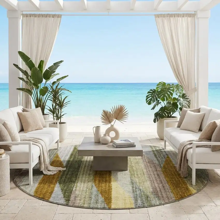 8' Pewter And Gray Round Striped Washable Indoor Outdoor Area Rug Photo 1