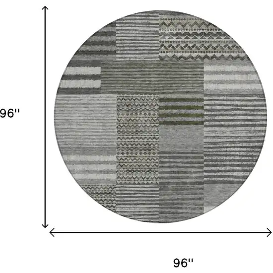 8' Pewter And Gray Round Striped Washable Indoor Outdoor Area Rug Photo 7