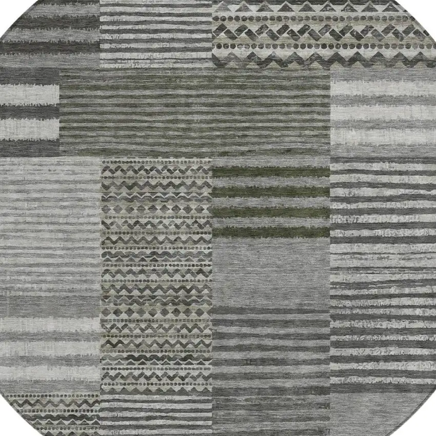 8' Pewter And Gray Round Striped Washable Indoor Outdoor Area Rug Photo 3