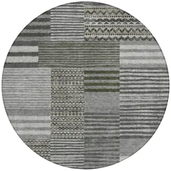 8' Pewter And Gray Round Striped Washable Indoor Outdoor Area Rug Photo 4