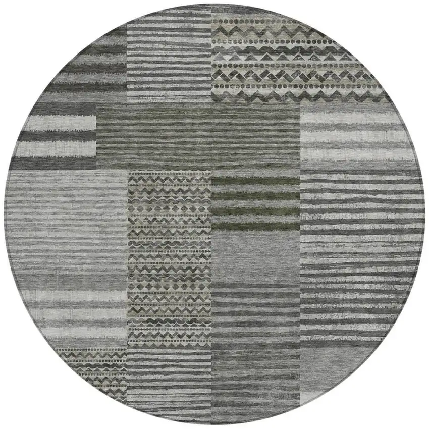 8' Pewter And Gray Round Striped Washable Indoor Outdoor Area Rug Photo 4