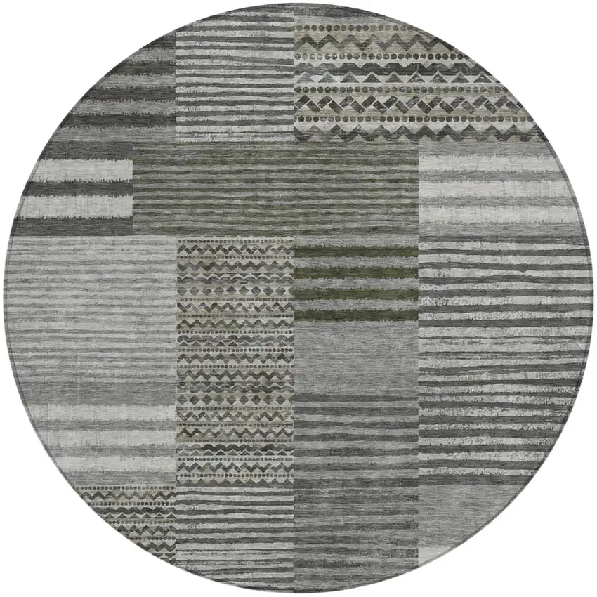 8' Pewter And Gray Round Striped Washable Indoor Outdoor Area Rug Photo 2