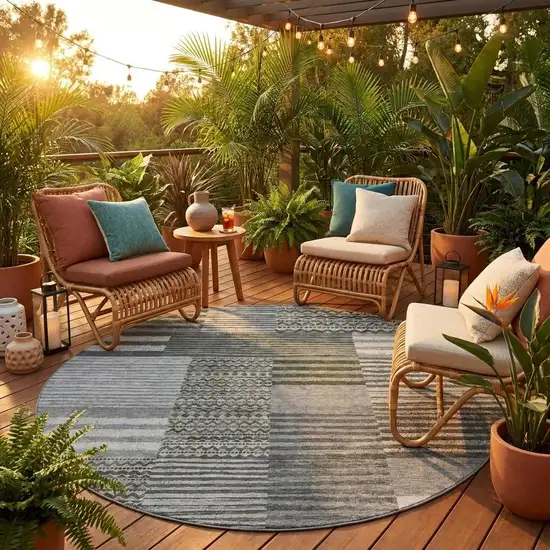 8' Pewter And Gray Round Striped Washable Indoor Outdoor Area Rug Photo 1