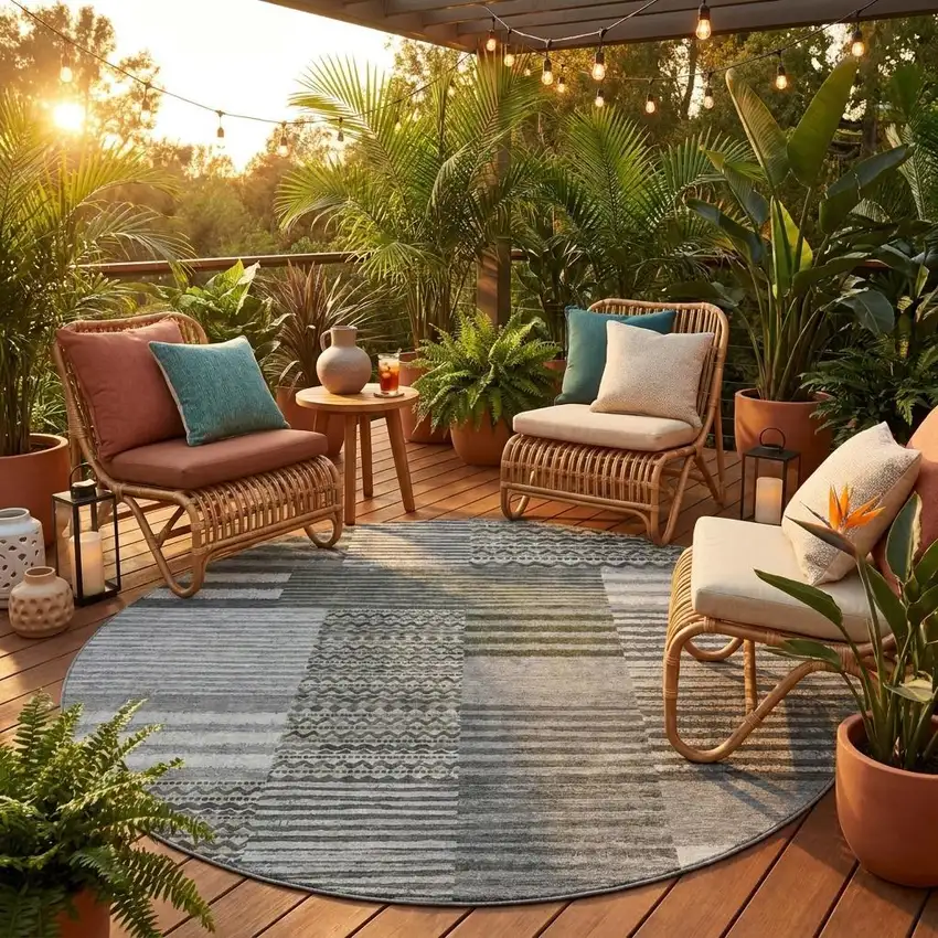 8' Pewter And Gray Round Striped Washable Indoor Outdoor Area Rug Photo 1