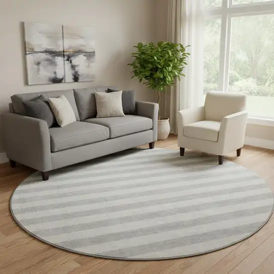 8' Pewter And Gray Striped Washable Round Rug With UV Protection Photo 1
