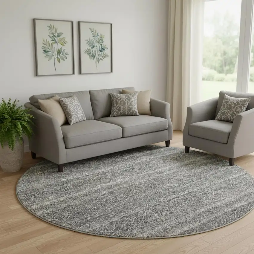 8' Pewter And Gray Striped Washable Round Rug With UV Protection Photo 2