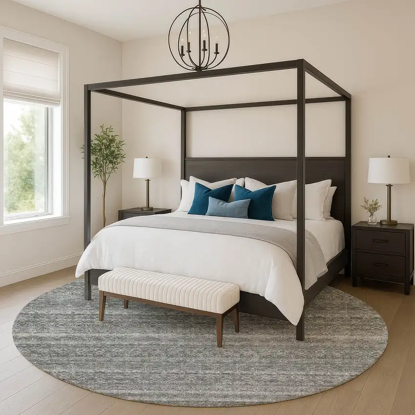 8' Pewter And Gray Striped Washable Round Rug With UV Protection Photo 4