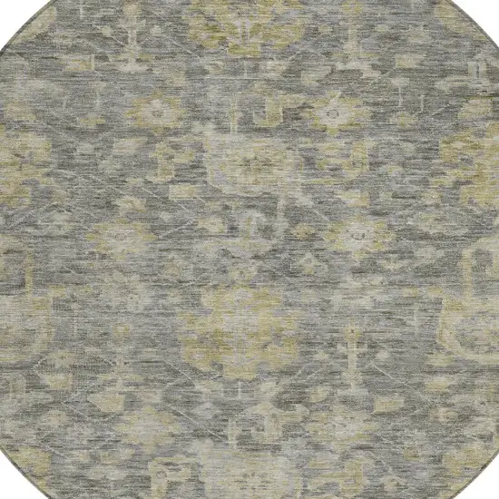 8' Pewter And Green Round Damask Washable Indoor Outdoor Area Rug Photo 6