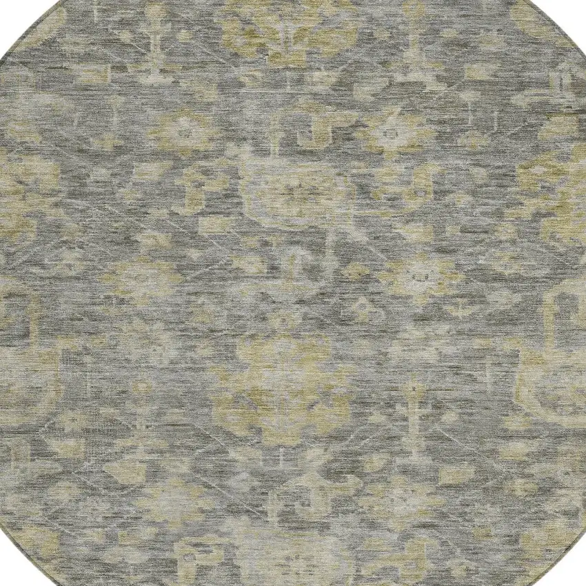 8' Pewter And Green Round Damask Washable Indoor Outdoor Area Rug Photo 6