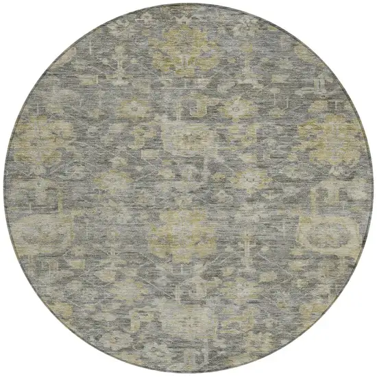 8' Pewter And Green Round Damask Washable Indoor Outdoor Area Rug Photo 3