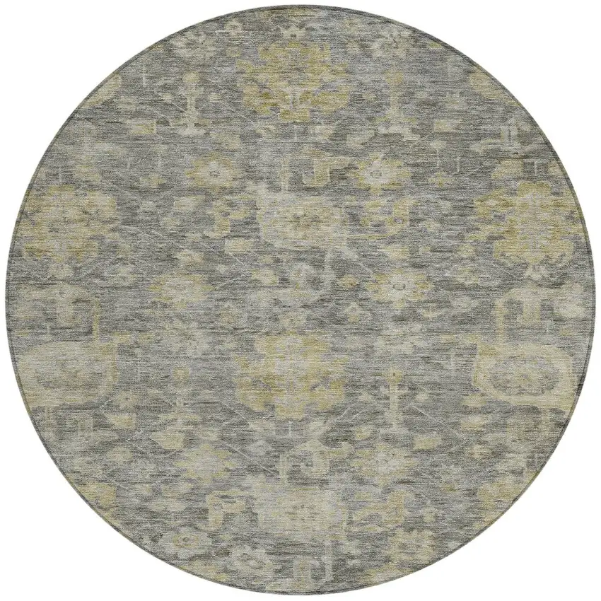 8' Pewter And Green Round Damask Washable Indoor Outdoor Area Rug Photo 3
