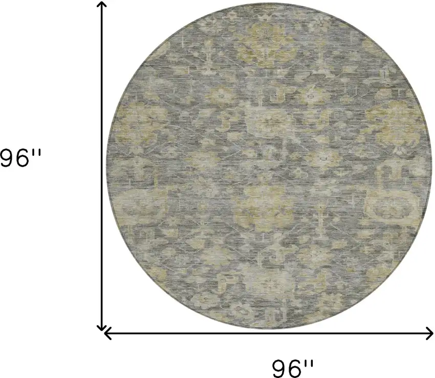 8' Pewter And Green Round Damask Washable Indoor Outdoor Area Rug Photo 9