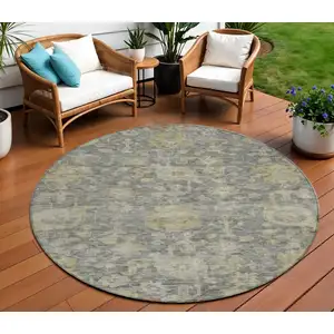 Photo of 8' Pewter And Green Round Damask Washable Indoor Outdoor Area Rug