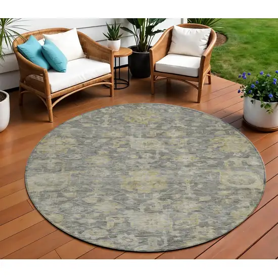 8' Pewter And Green Round Damask Washable Indoor Outdoor Area Rug Photo 1
