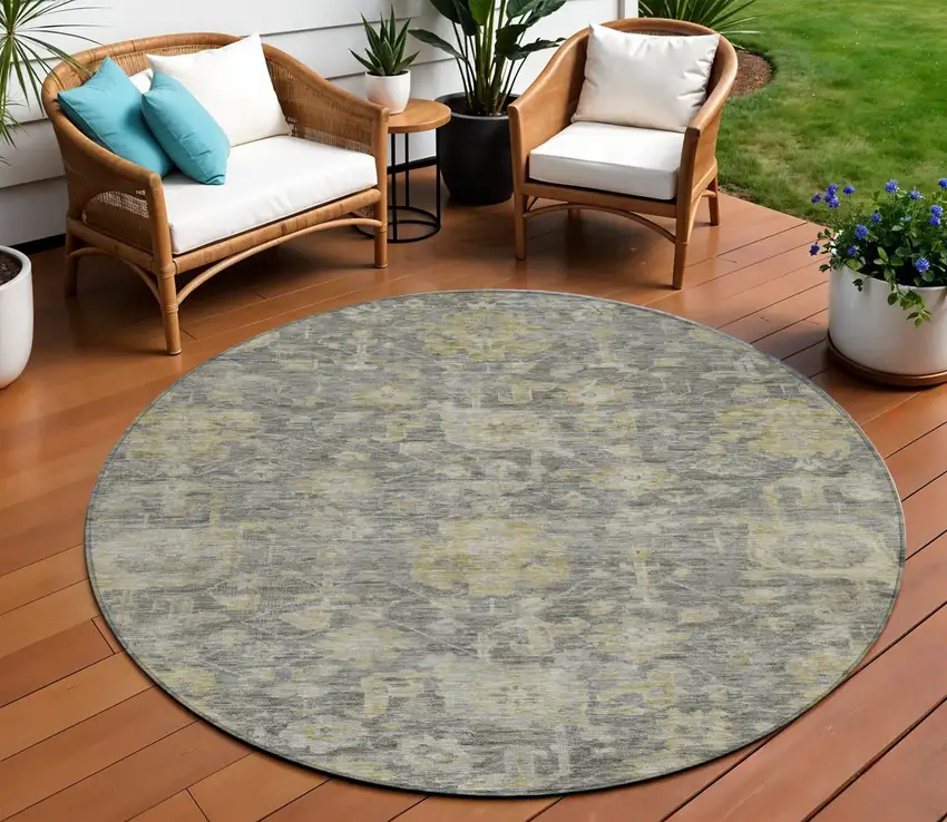 8' Pewter And Green Round Damask Washable Indoor Outdoor Area Rug Photo 1