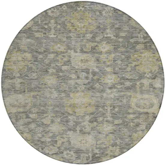 8' Pewter And Green Round Damask Washable Indoor Outdoor Area Rug Photo 2