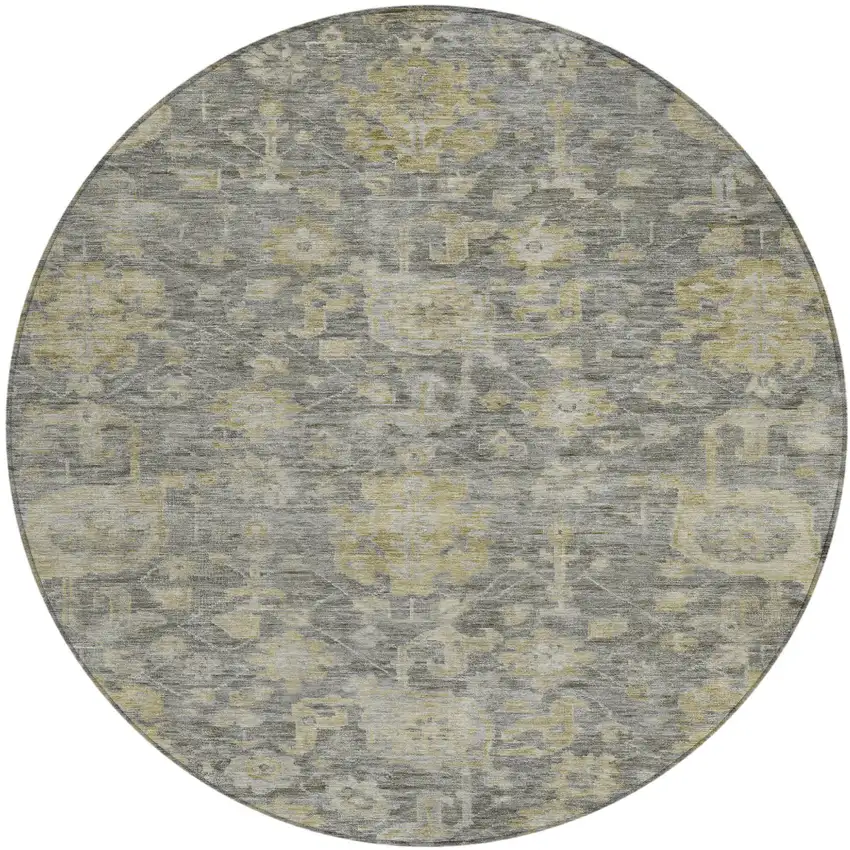 8' Pewter And Green Round Damask Washable Indoor Outdoor Area Rug Photo 2