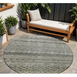 Photo of 8' Pewter And Green Round Striped Washable Indoor Outdoor Area Rug