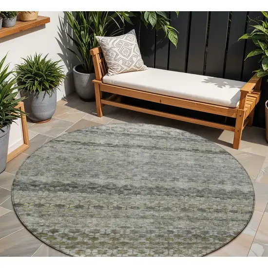 8' Pewter And Green Round Striped Washable Indoor Outdoor Area Rug Photo 1