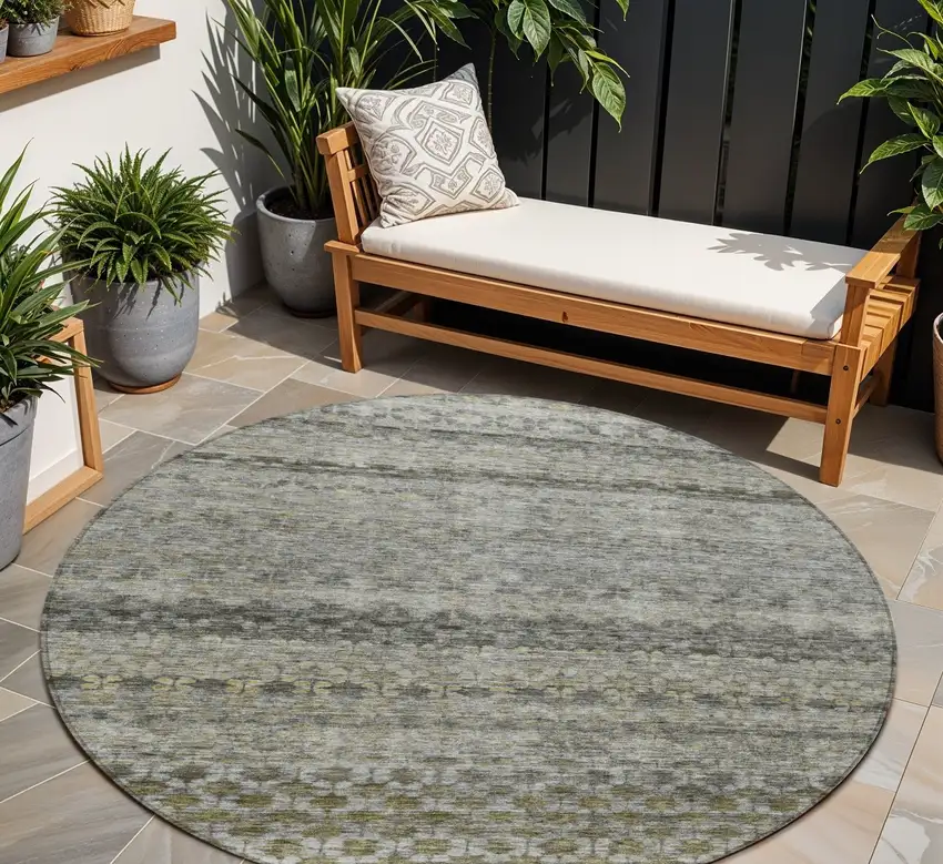 8' Pewter And Green Round Striped Washable Indoor Outdoor Area Rug Photo 1