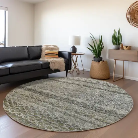8' Pewter And Green Round Striped Washable Indoor Outdoor Area Rug Photo 7