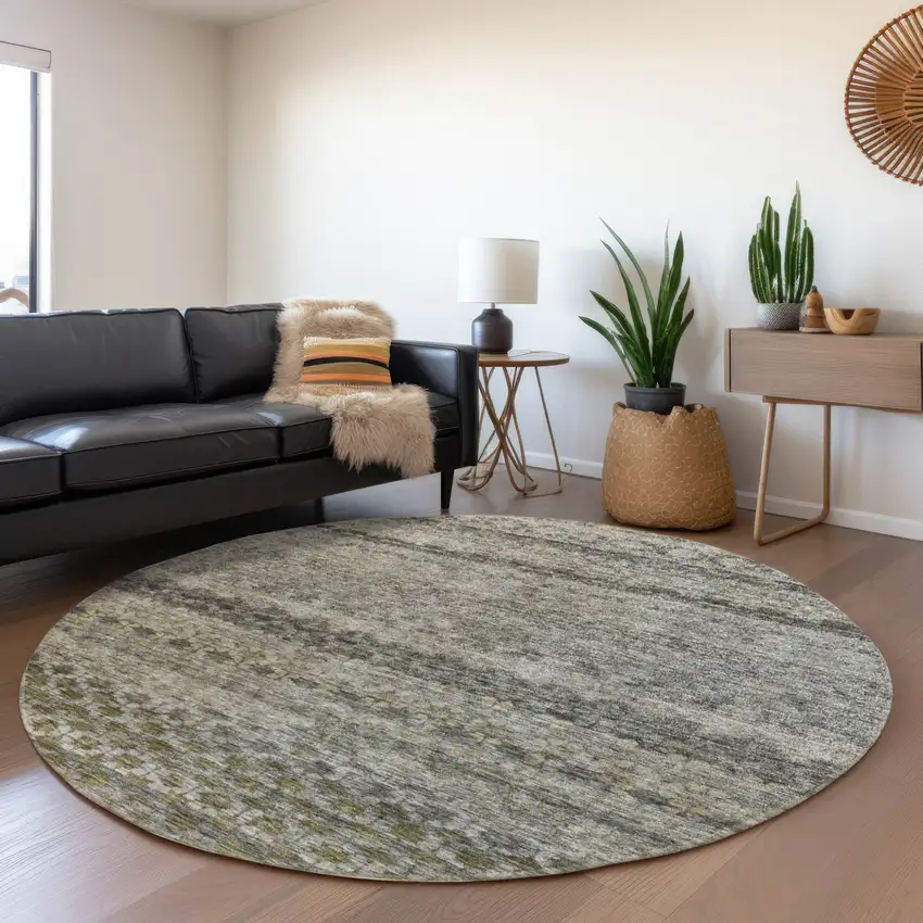 8' Pewter And Green Round Striped Washable Indoor Outdoor Area Rug Photo 7