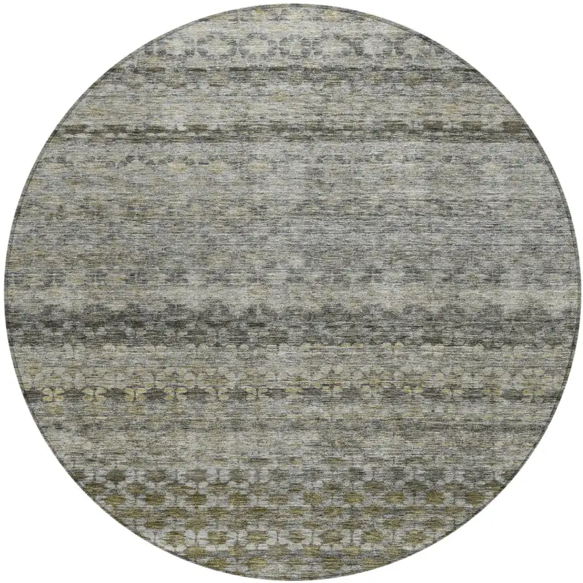 8' Pewter And Green Round Striped Washable Indoor Outdoor Area Rug Photo 2