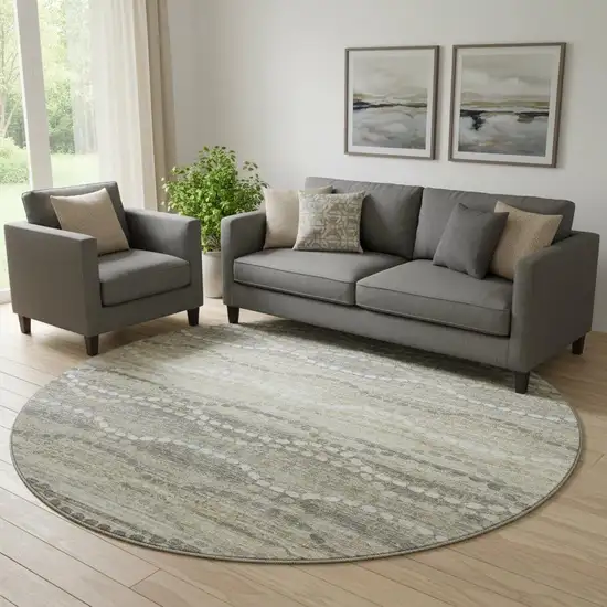 8' Pewter And Ivory Abstract Geometric Washable Round Rug With UV Protection Photo 2