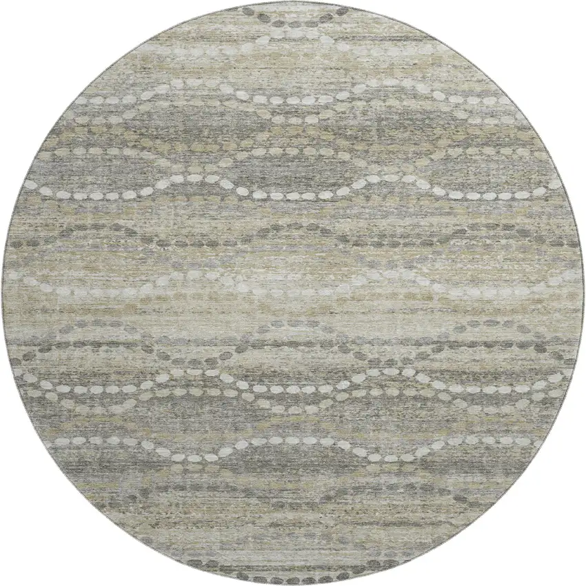 8' Pewter And Ivory Abstract Geometric Washable Round Rug With UV Protection Photo 1