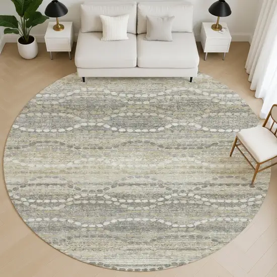 8' Pewter And Ivory Abstract Geometric Washable Round Rug With UV Protection Photo 5
