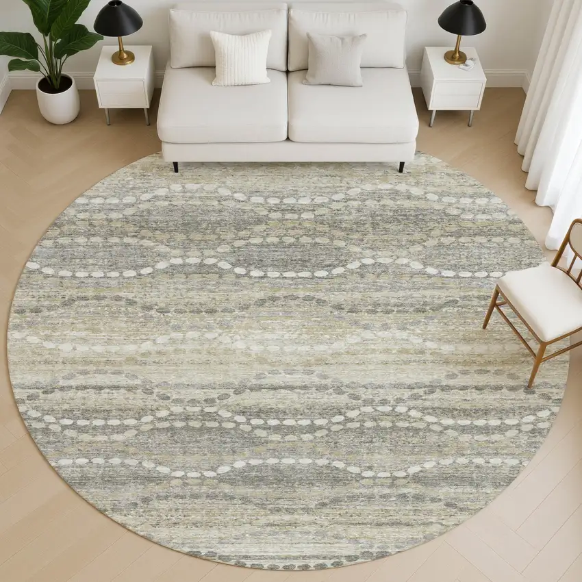 8' Pewter And Ivory Abstract Geometric Washable Round Rug With UV Protection Photo 5