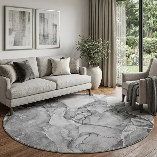 8' Pewter And Ivory Abstract Washable Round Rug With UV Protection Photo 1