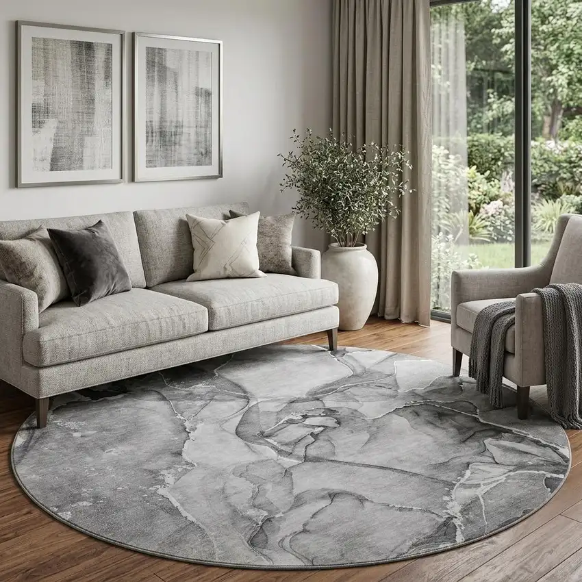 8' Pewter And Ivory Abstract Washable Round Rug With UV Protection Photo 1