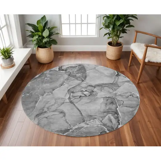 8' Pewter And Ivory Abstract Washable Round Rug With UV Protection Photo 2