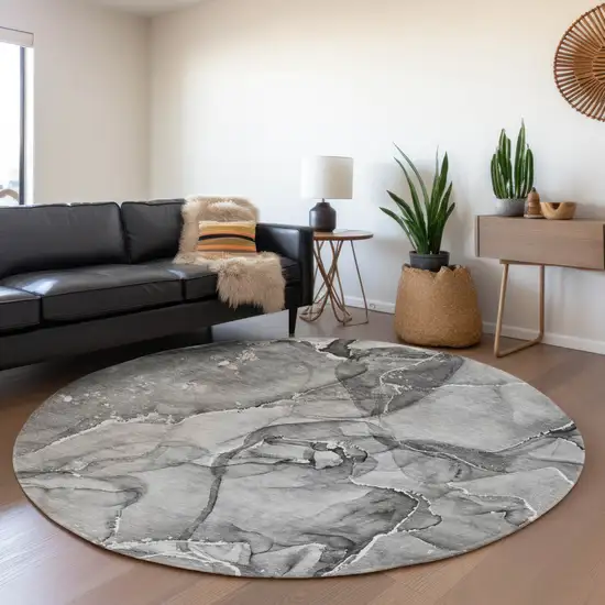 8' Pewter And Ivory Abstract Washable Round Rug With UV Protection Photo 4