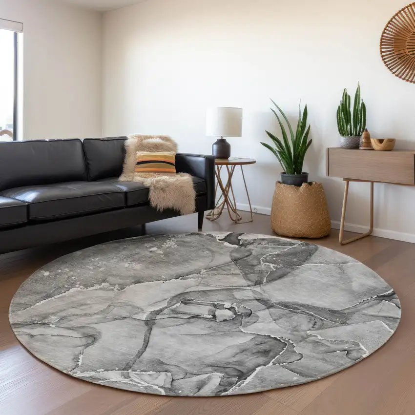 8' Pewter And Ivory Abstract Washable Round Rug With UV Protection Photo 4