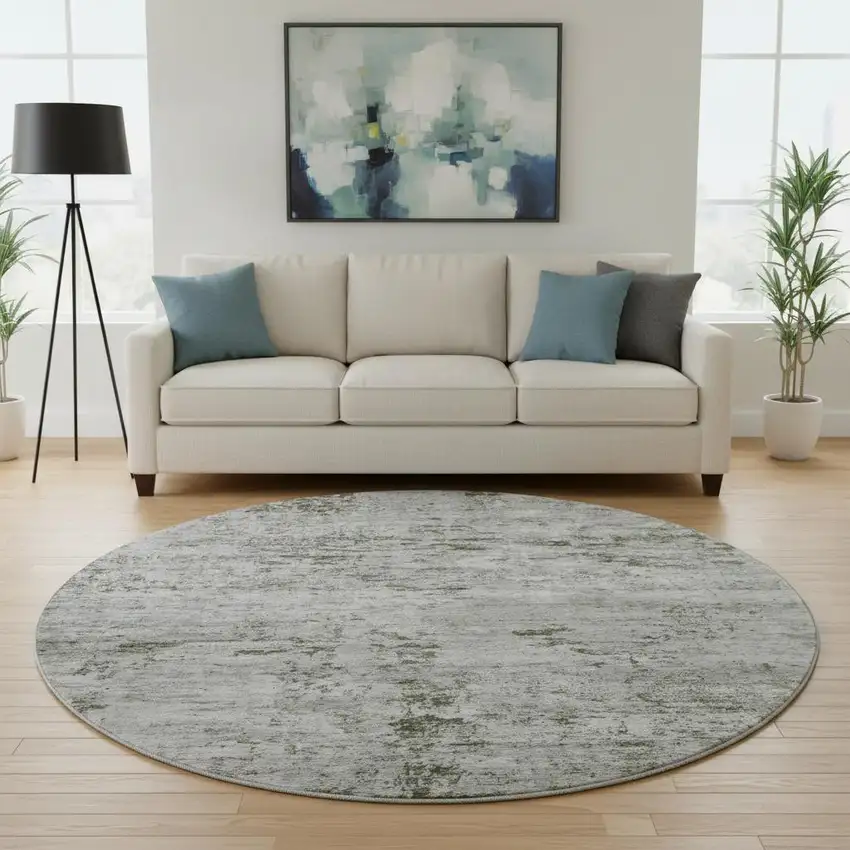 8' Pewter And Ivory Abstract Washable Round Rug With UV Protection Photo 2
