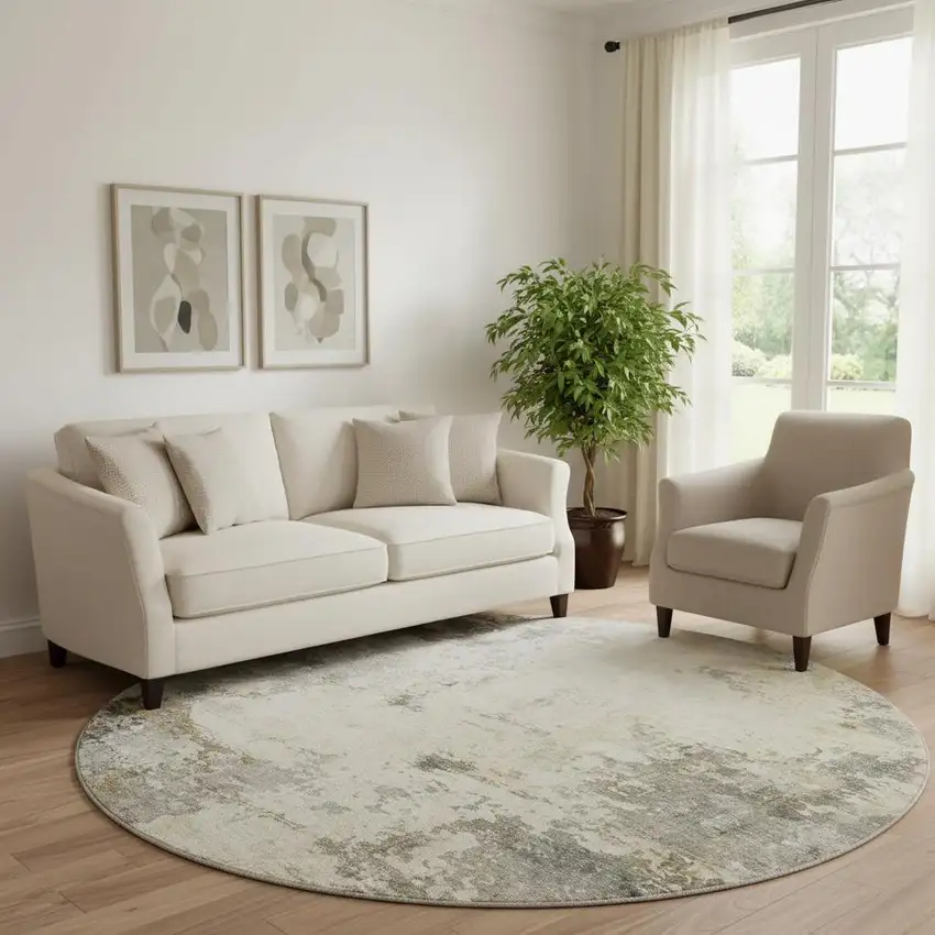 8' Pewter And Ivory Abstract Washable Round Rug With UV Protection Photo 2