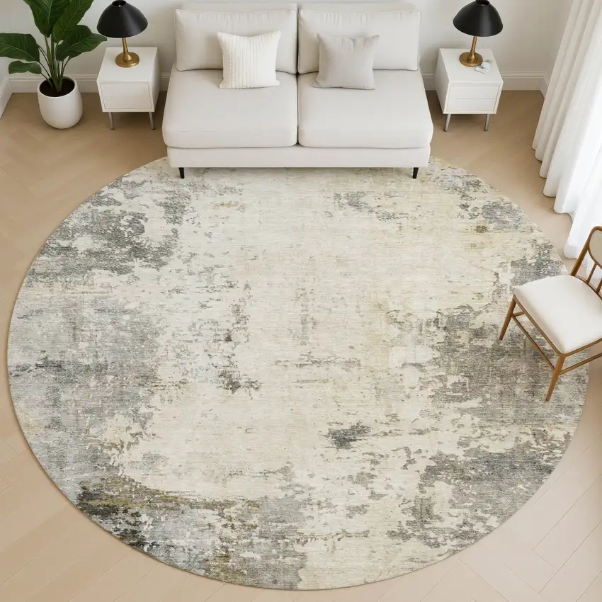 8' Pewter And Ivory Abstract Washable Round Rug With UV Protection Photo 5