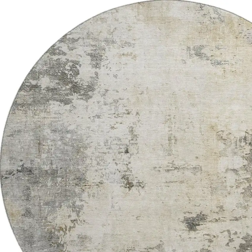 8' Pewter And Ivory Abstract Washable Round Rug With UV Protection Photo 3